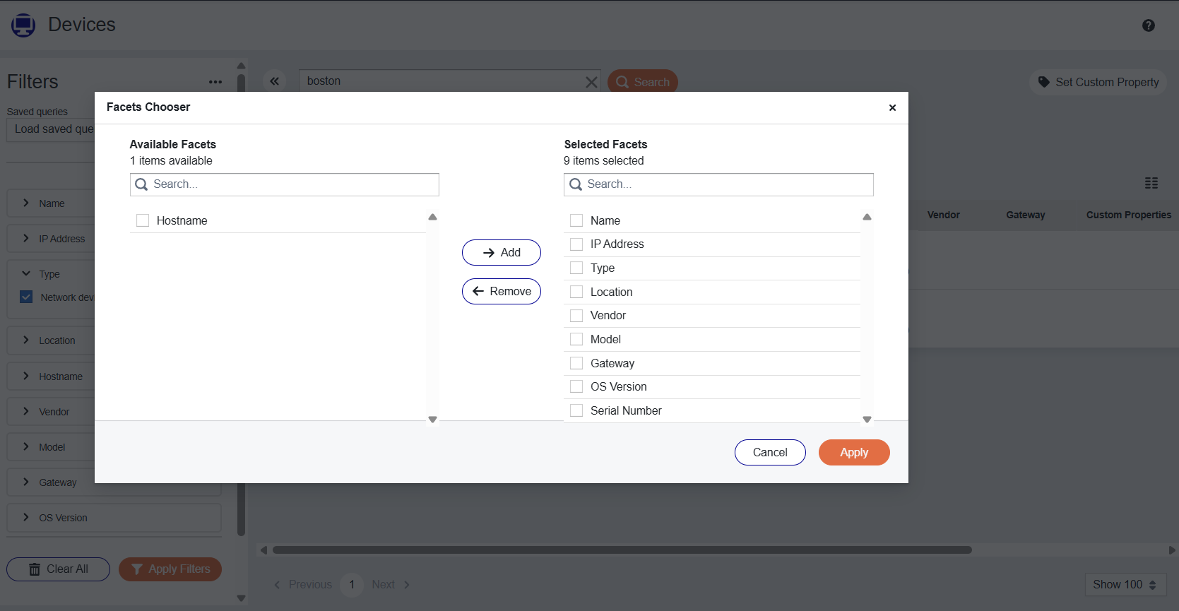 Facets Chooser with Available Facets and Selected Facets