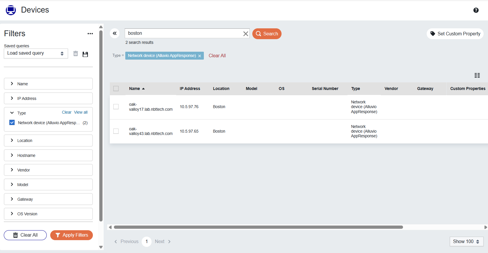 Selected facet and applied filter tag on the Devices page