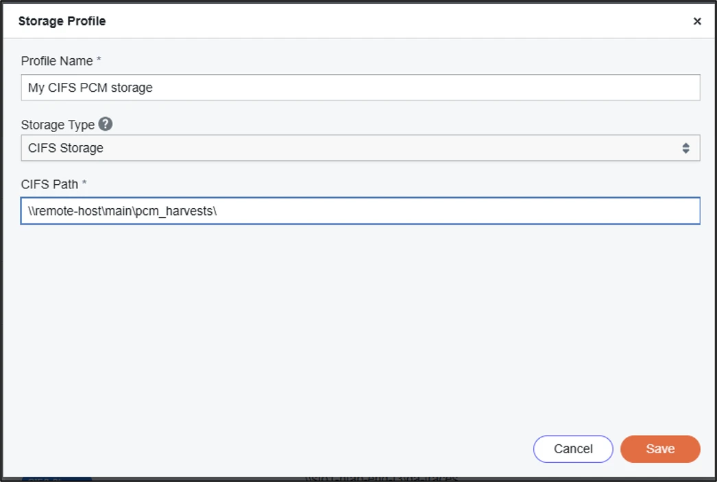 CIFS storage profile configuration showing the CIFS Path field