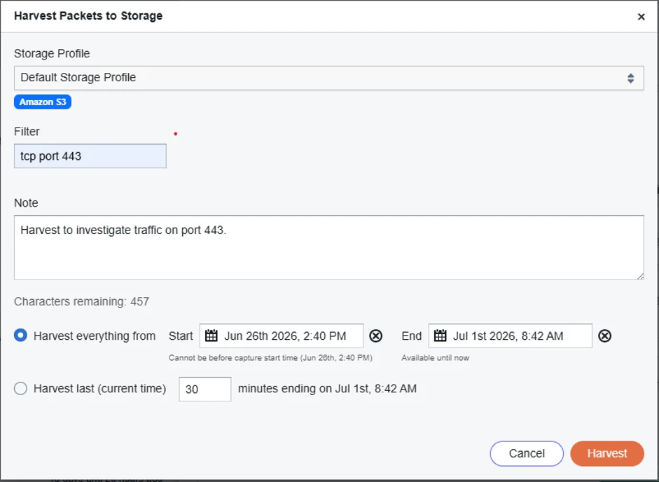 Harvest Packets dialog showing time range options, storage profile selection, and optional BPF and note fields