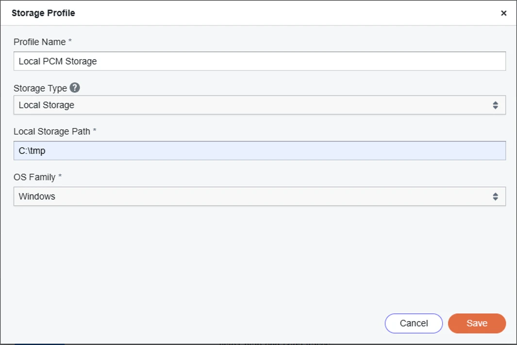 Local storage profile configuration showing Local Storage Path and OS Family fields