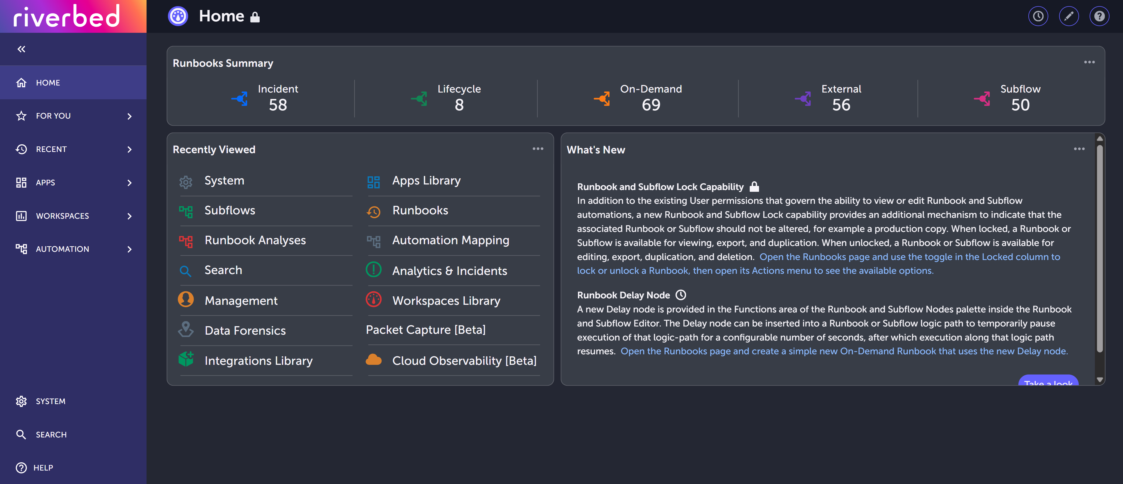 Home page in dark mode, with a dark main content area and the Orion left menu
