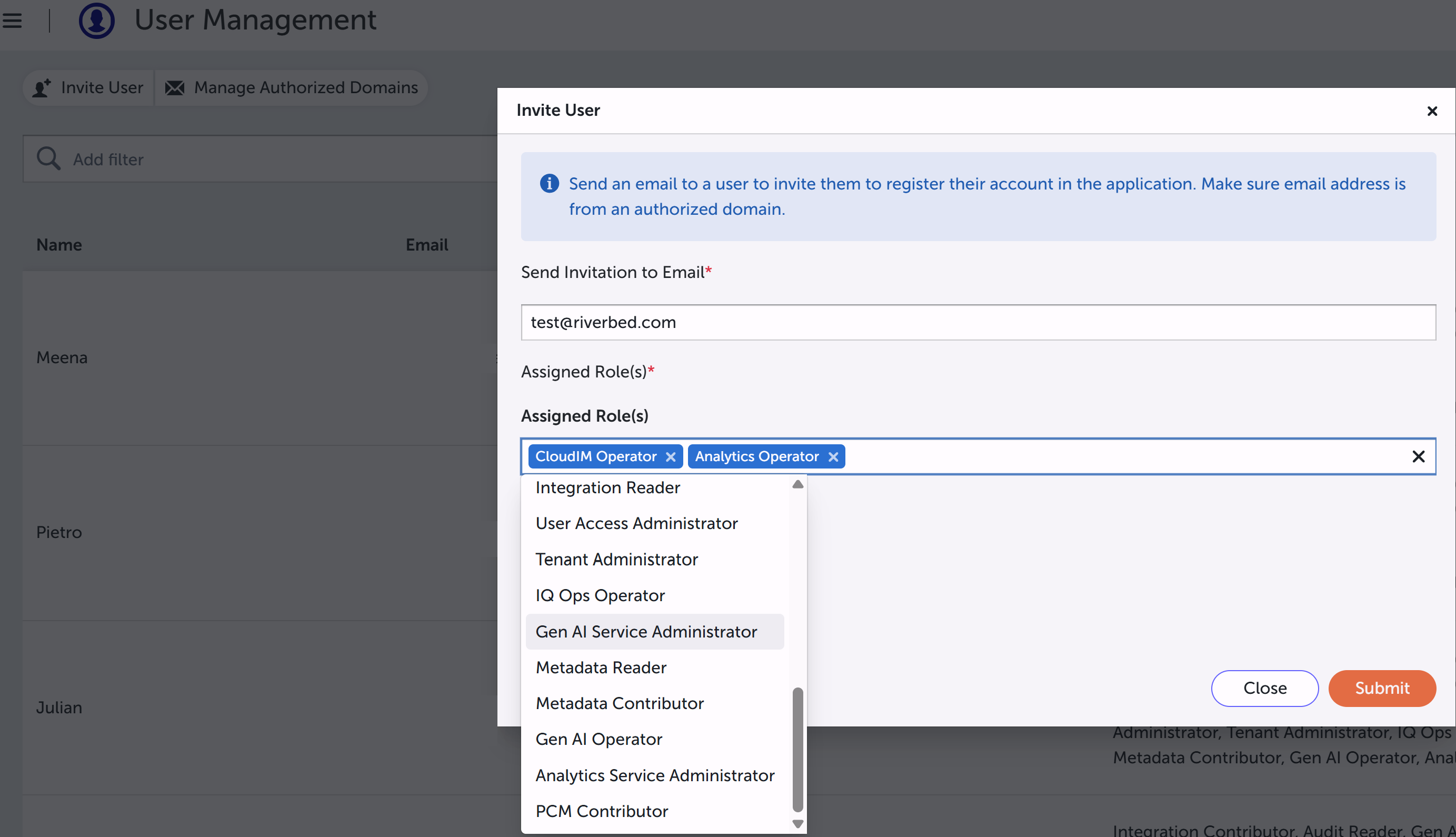 Invite User dialog with the Assigned Role(s) dropdown expanded to show granular built-in roles.